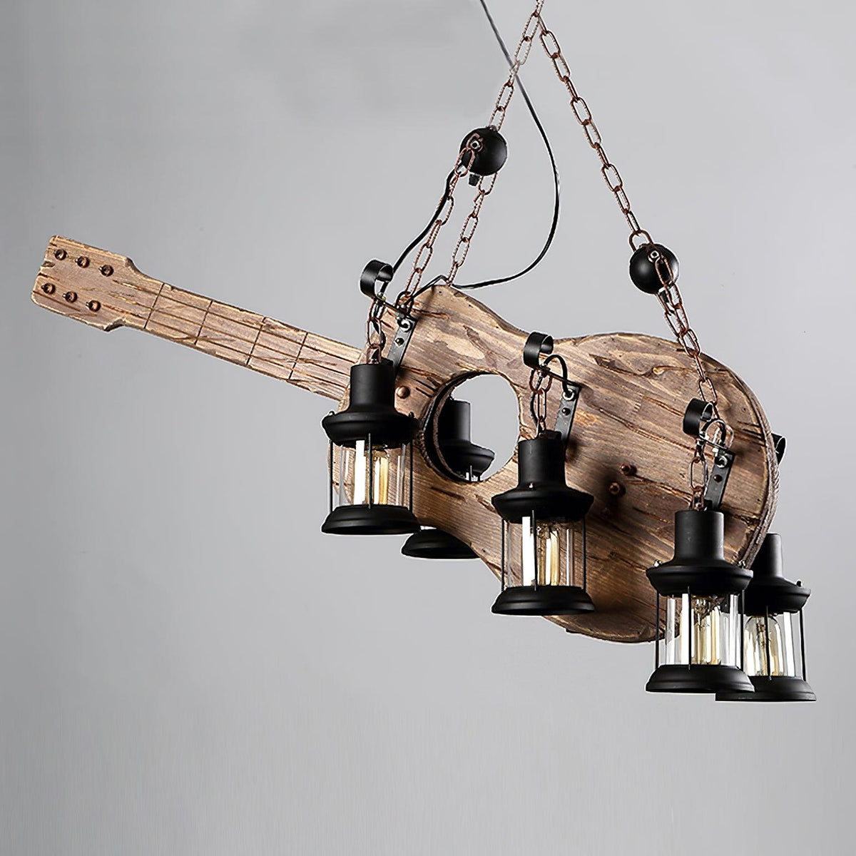 Elvisette Pendelleuchte Gitarrenform aus Holz im Vintage-Stil