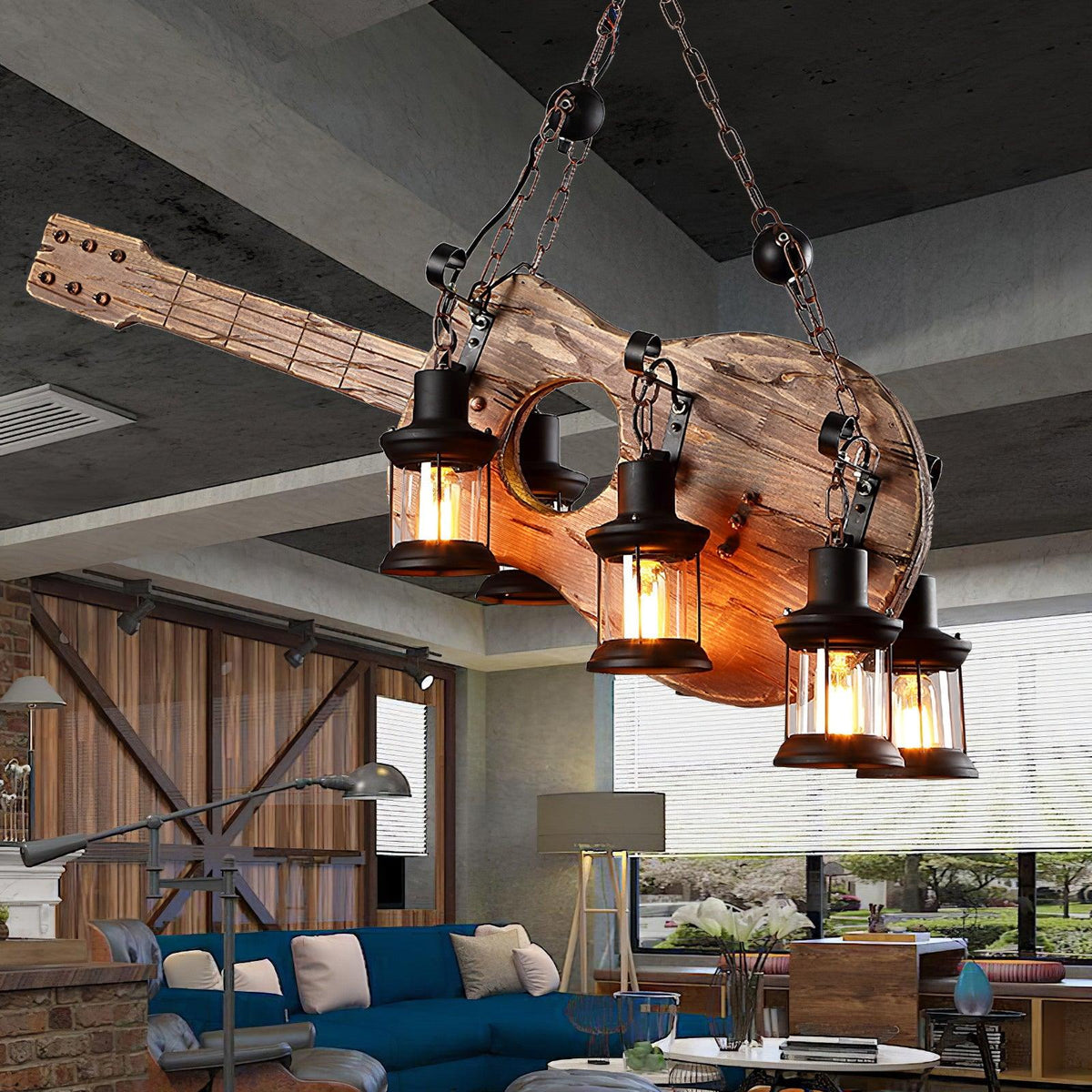 Elvisette Pendelleuchte Gitarrenform aus Holz im Vintage-Stil