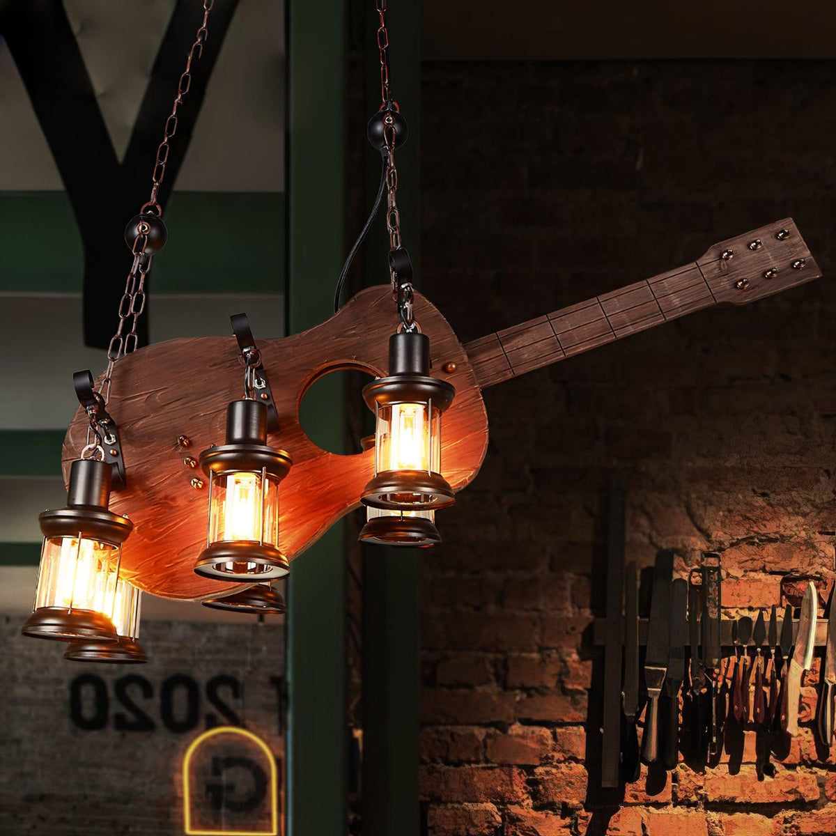 Elvisette Pendelleuchte Gitarrenform aus Holz im Vintage-Stil