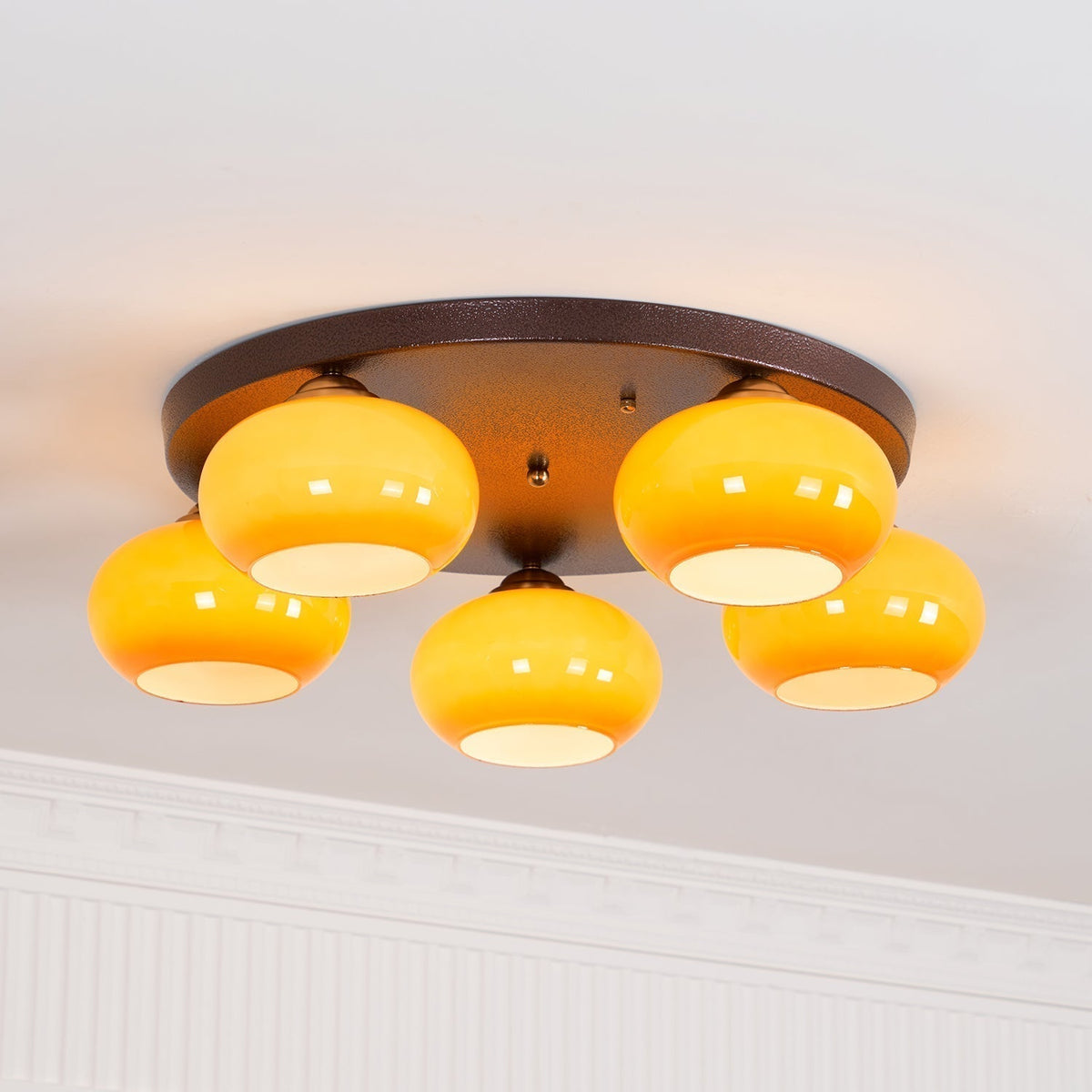 Luno 5-Light Bernsteinfarbenes Glas flache Deckenleuchte