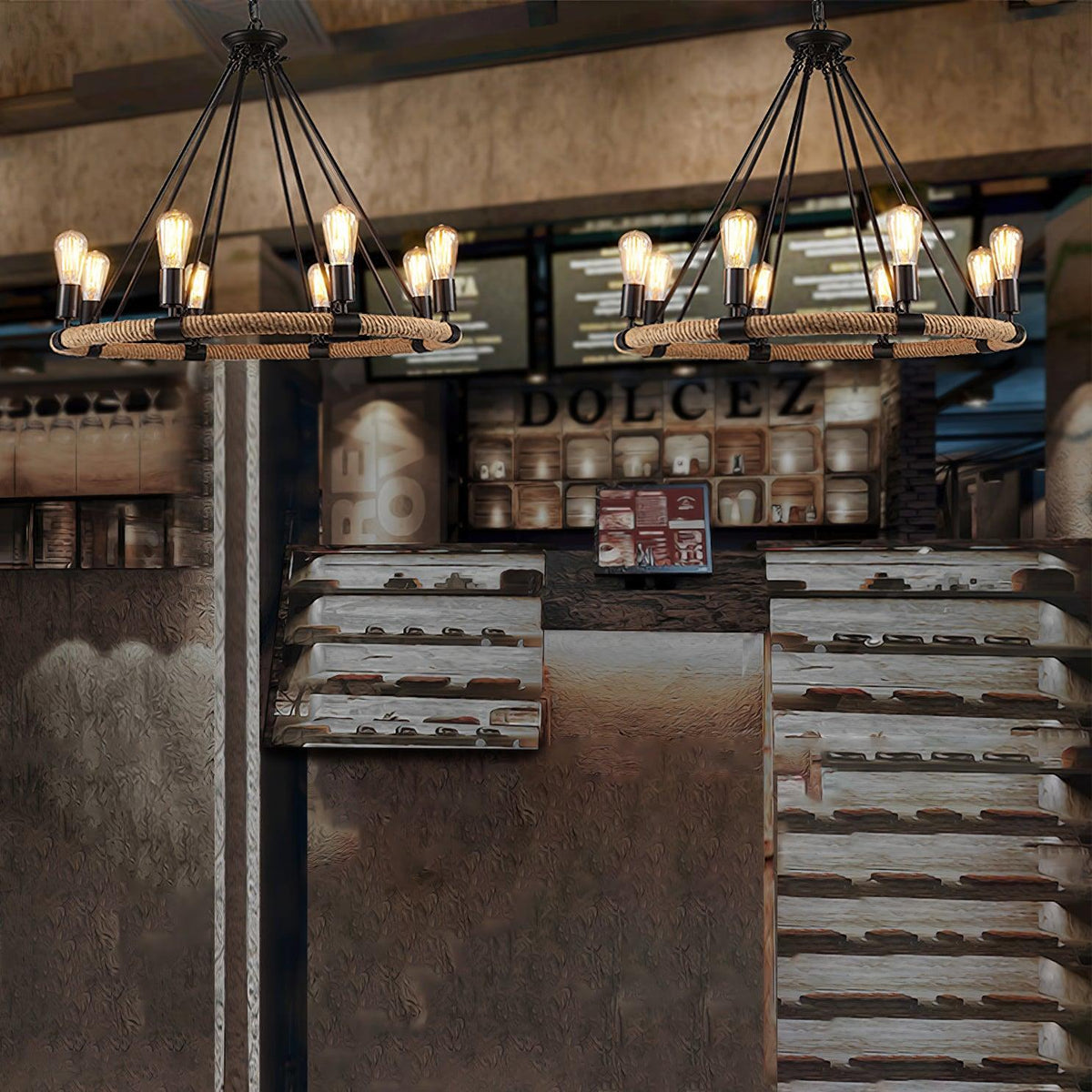 Novien Kronleuchter aus Hanfseil im industriellen Runddesign
