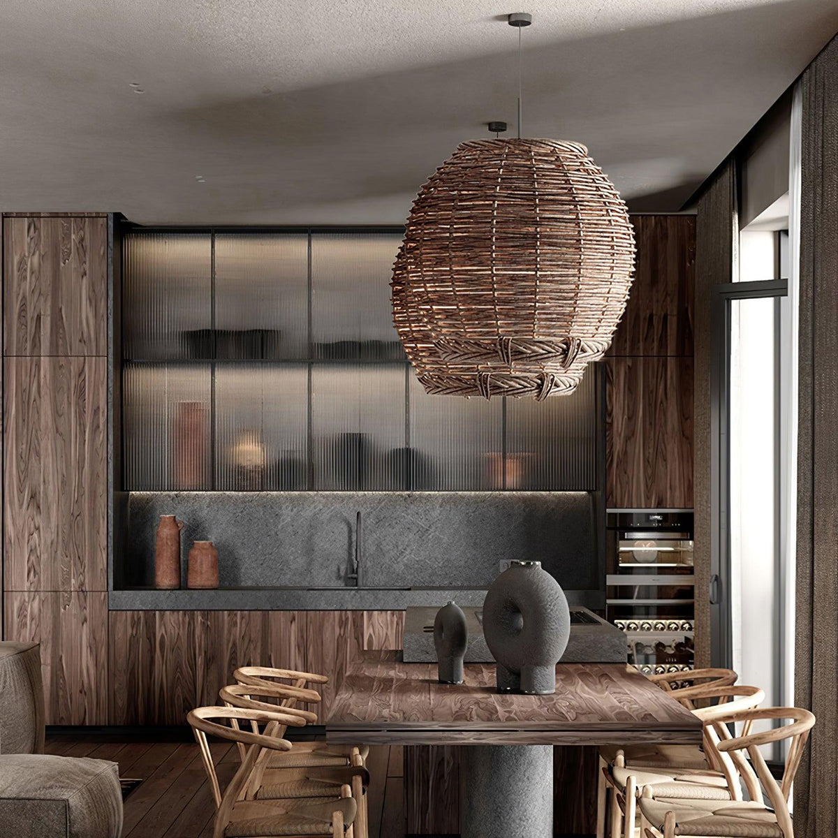 Wickora Vintage Pendelleuchte in dunklem Naturrattan &