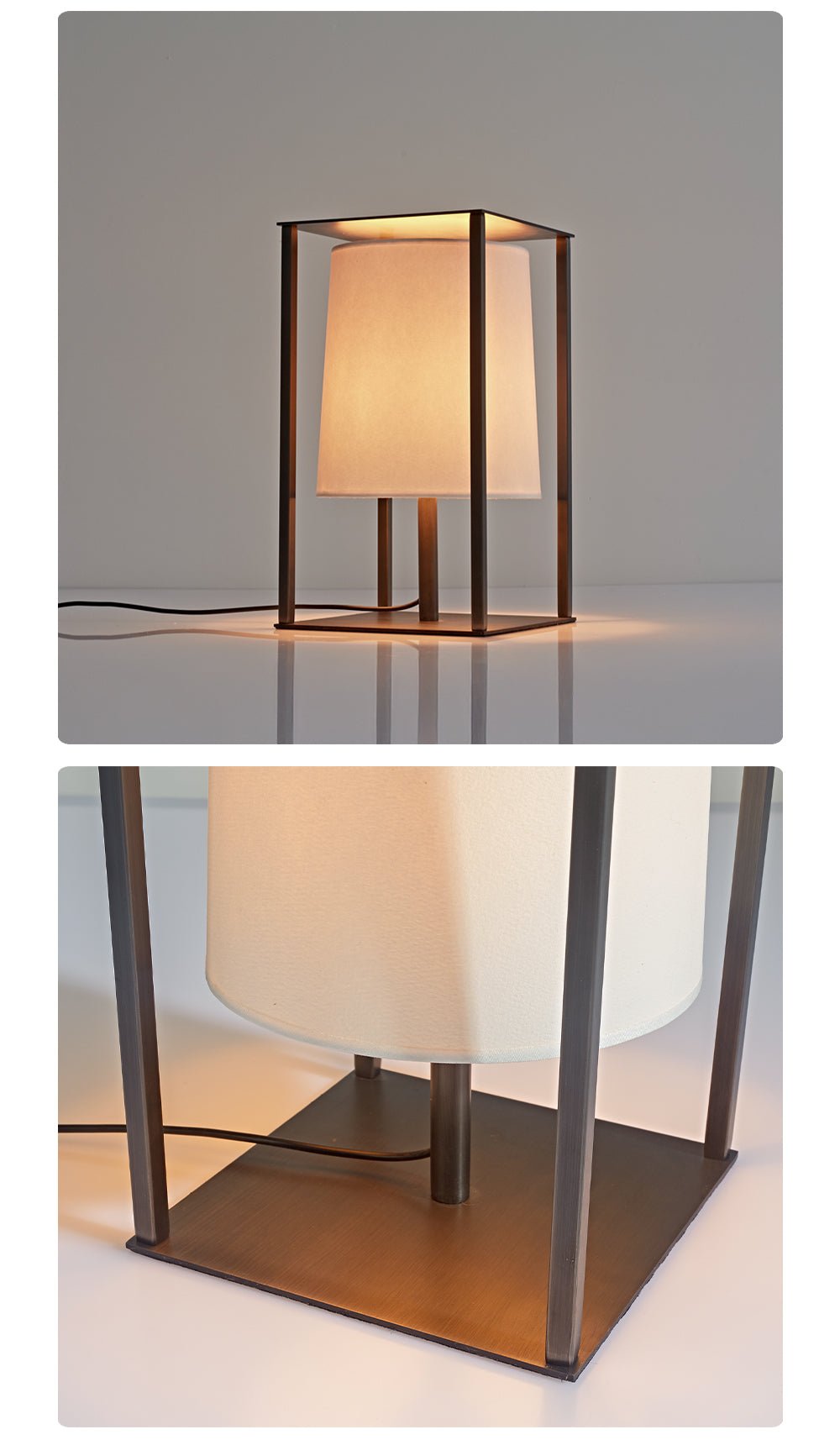Miraine Käfig-Tischleuchte mit quadratischem Bronze-Rahmen und beigeem Trommelschirm im minimalistischen Wabi-Sabi-Stil