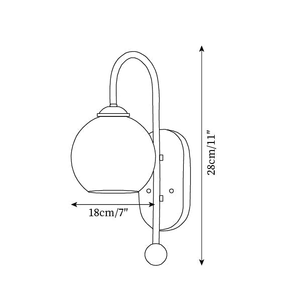 Wandleuchte Metall und Glas mit glatter Kugel aus Holzrückplatte
