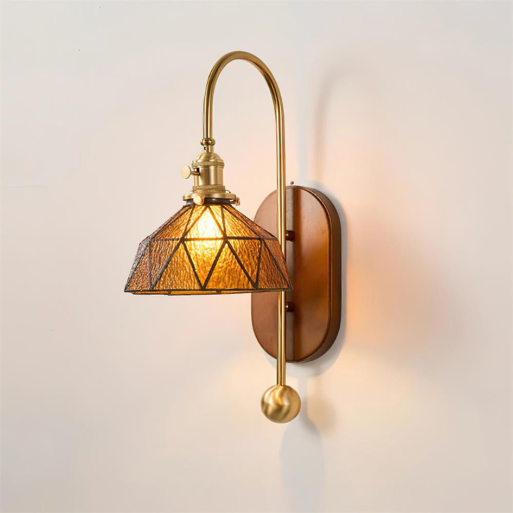 Wandleuchte Metall und Glas mit glatter Kugel aus Holzrückplatte