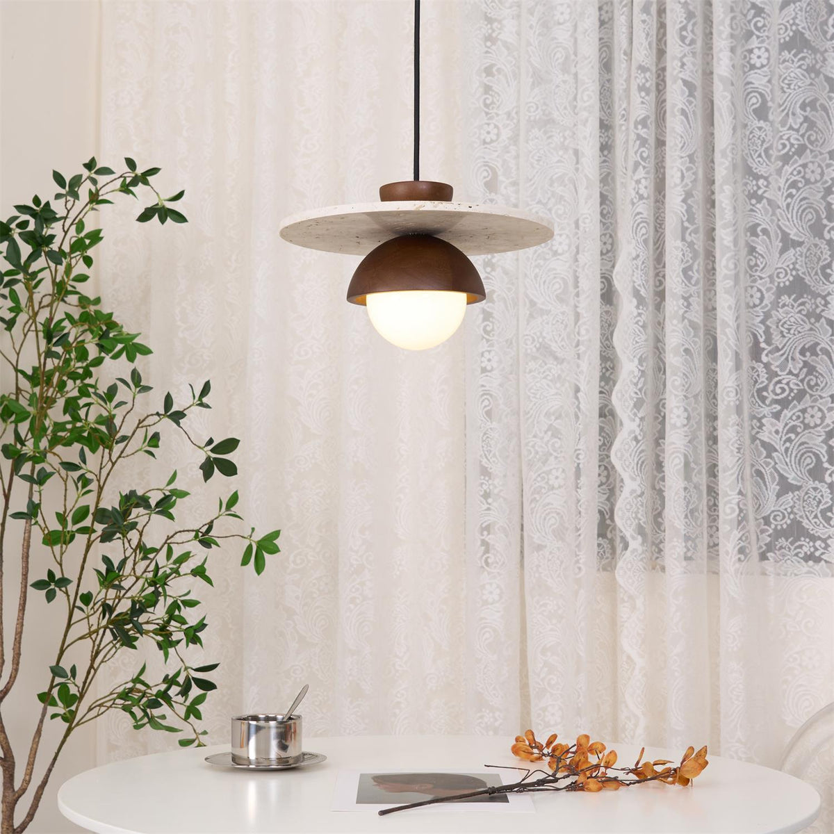 Calvion Pendelleuchte Travertin Holz Glas Kugel
