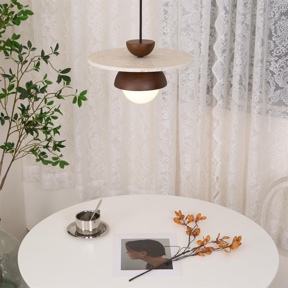 Calvion Pendelleuchte Travertin Holz Glas Kugel