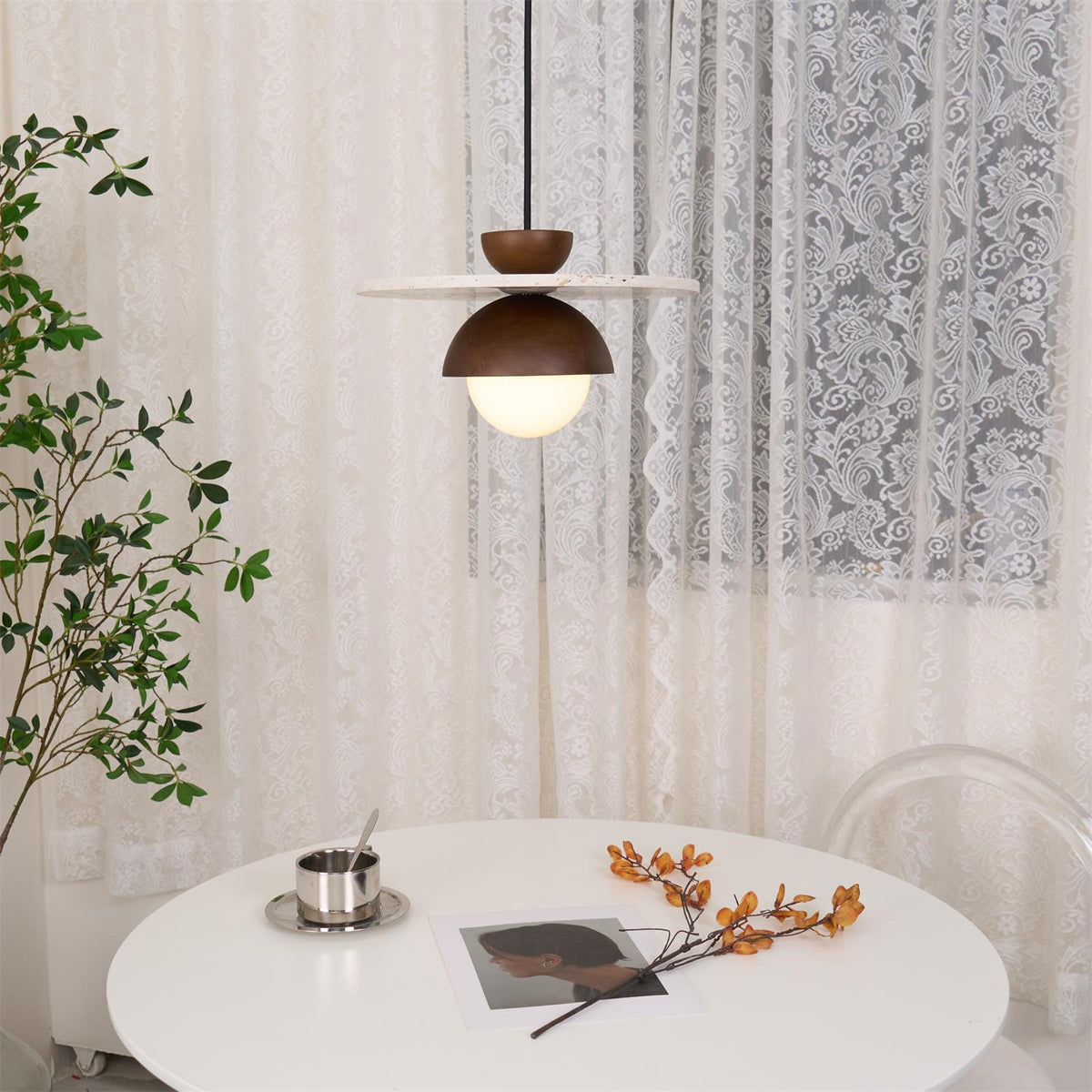 Calvion Pendelleuchte Travertin Holz Glas Kugel