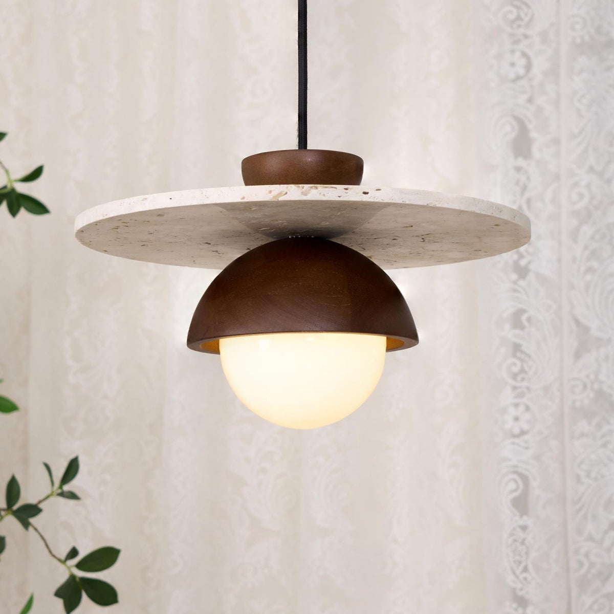 Calvion Pendelleuchte Travertin Holz Glas Kugel