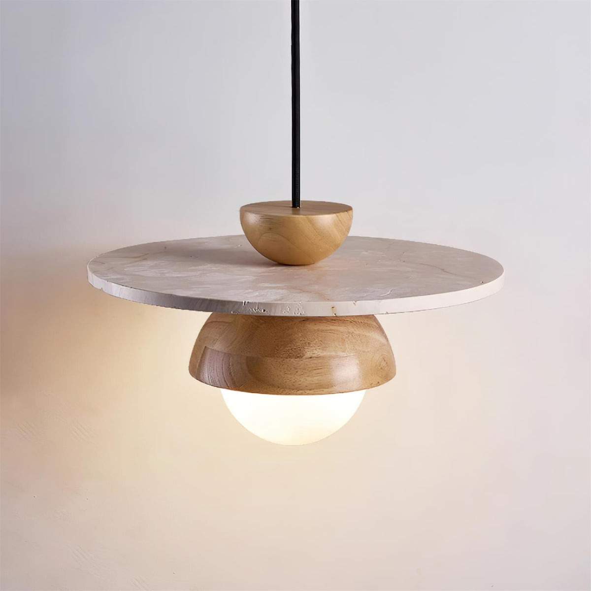 Calvion Pendelleuchte Travertin Holz Glas Kugel