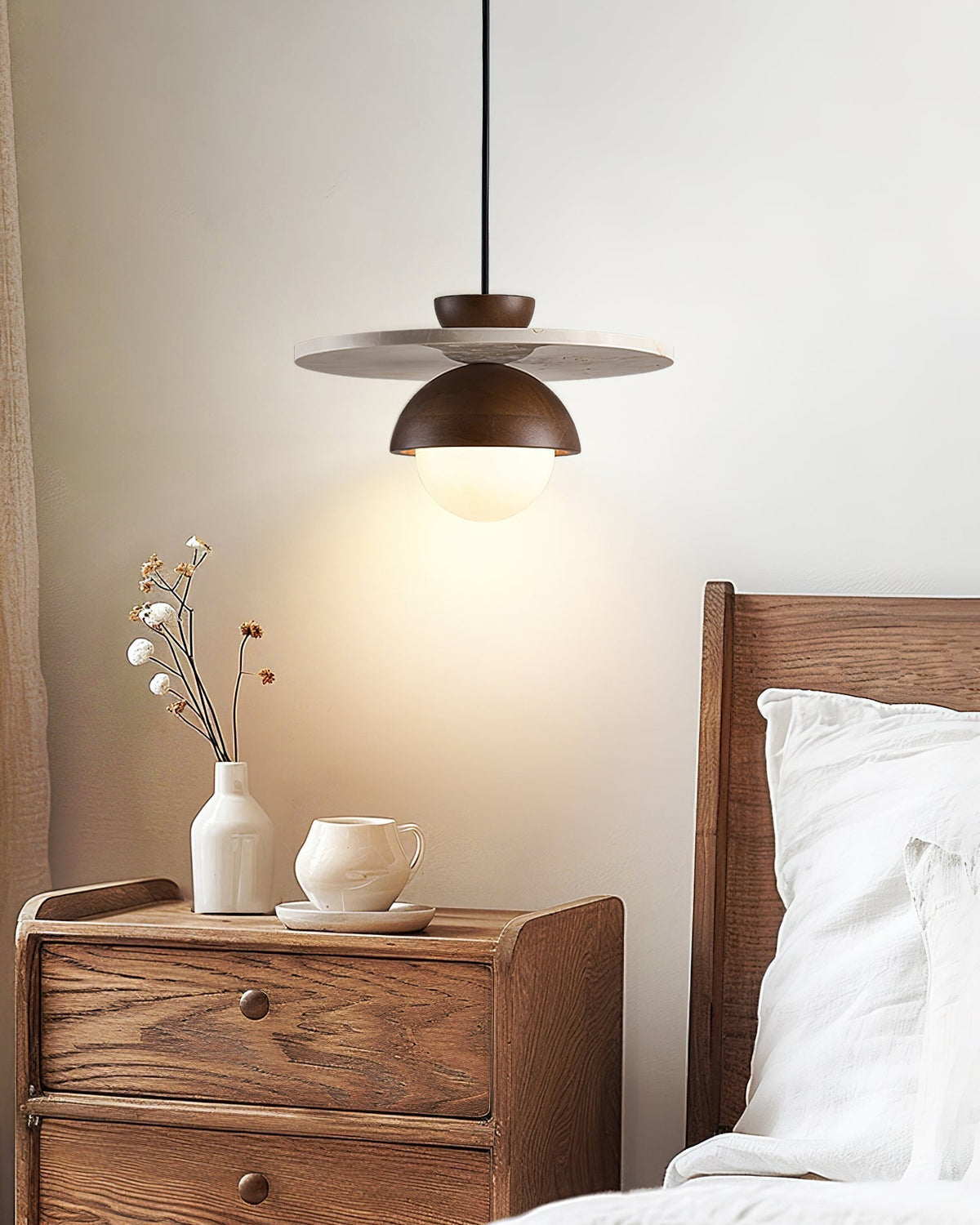Calvion Pendelleuchte Travertin Holz Glas Kugel