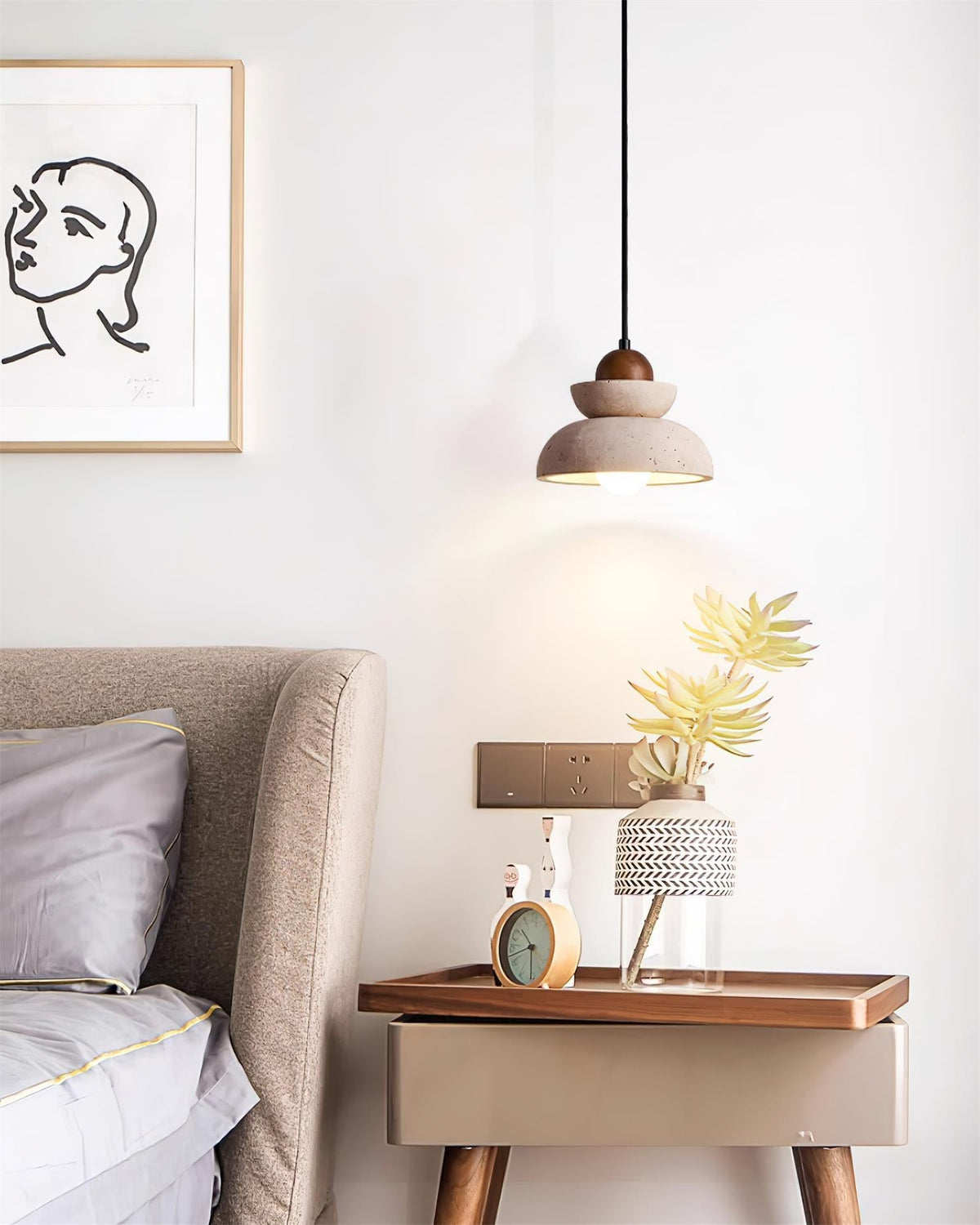 Pendelleuchte Travertin Lampenschirm aus Holz modern skandinavisch Beige Walnuss