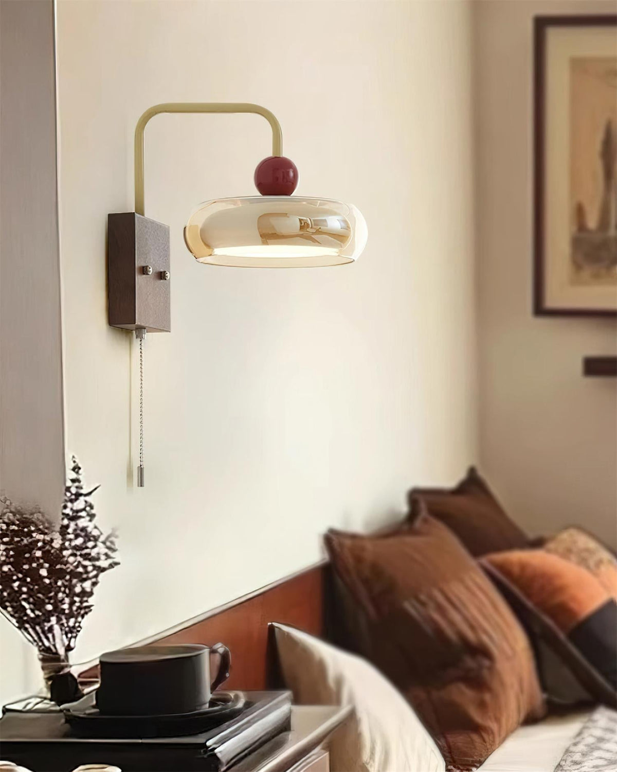 Lumiva Wandleuchte Retro & Glas Holz Zugkette