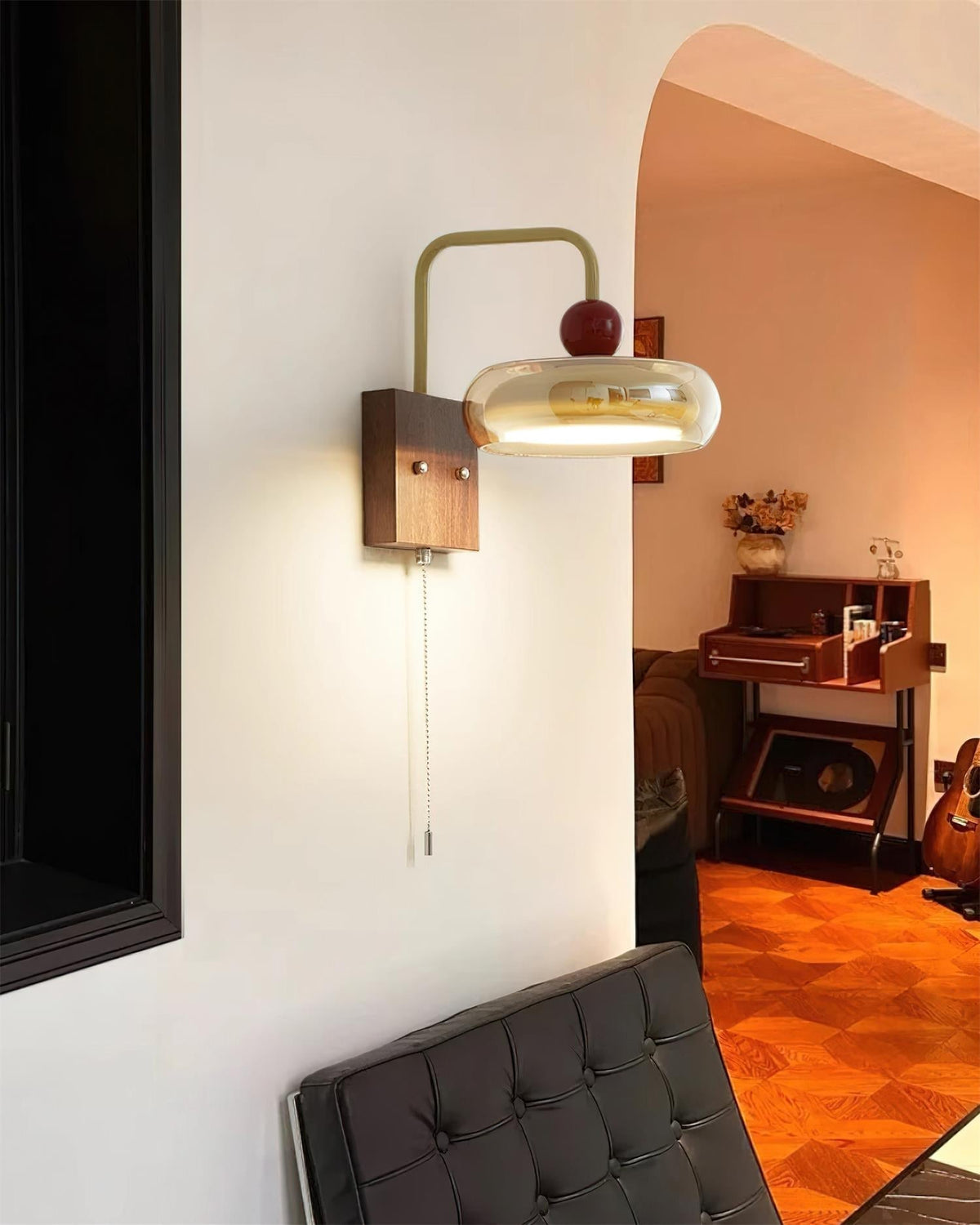 Lumiva Wandleuchte Retro & Glas Holz Zugkette