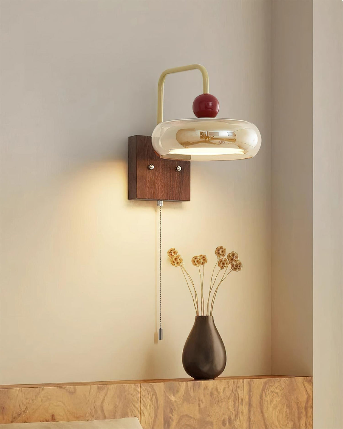 Lumiva Wandleuchte Retro & Glas Holz Zugkette