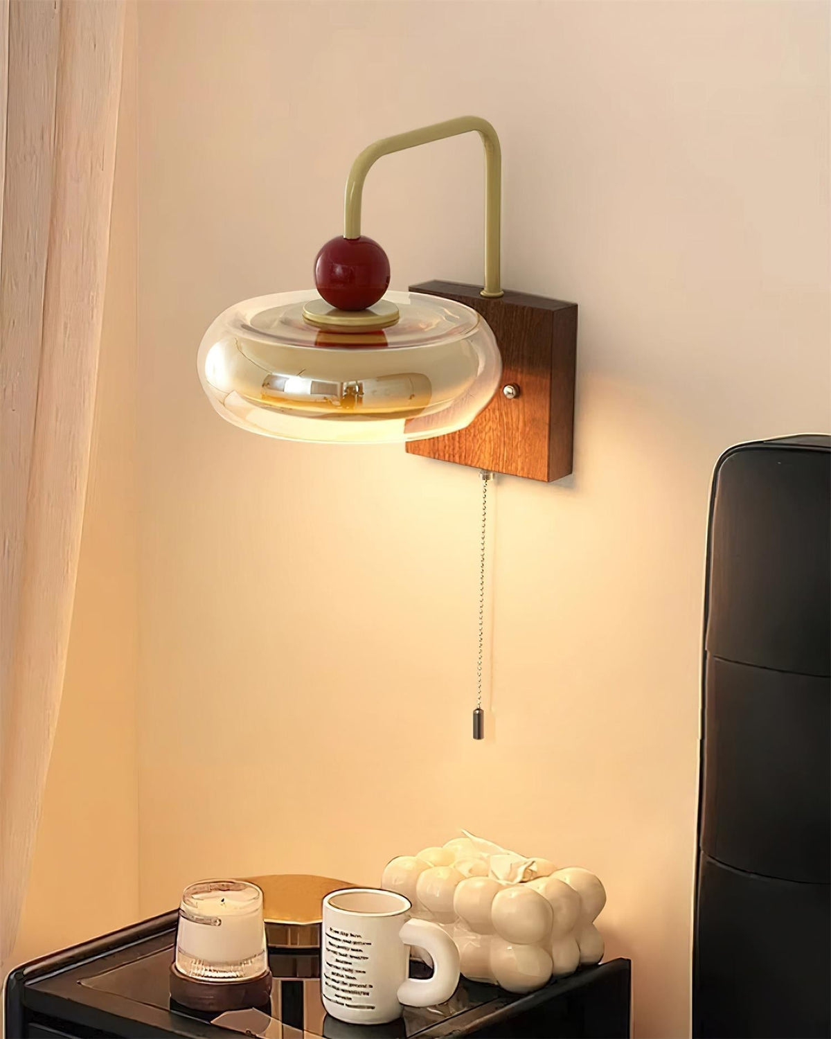 Lumiva Wandleuchte Retro & Glas Holz Zugkette