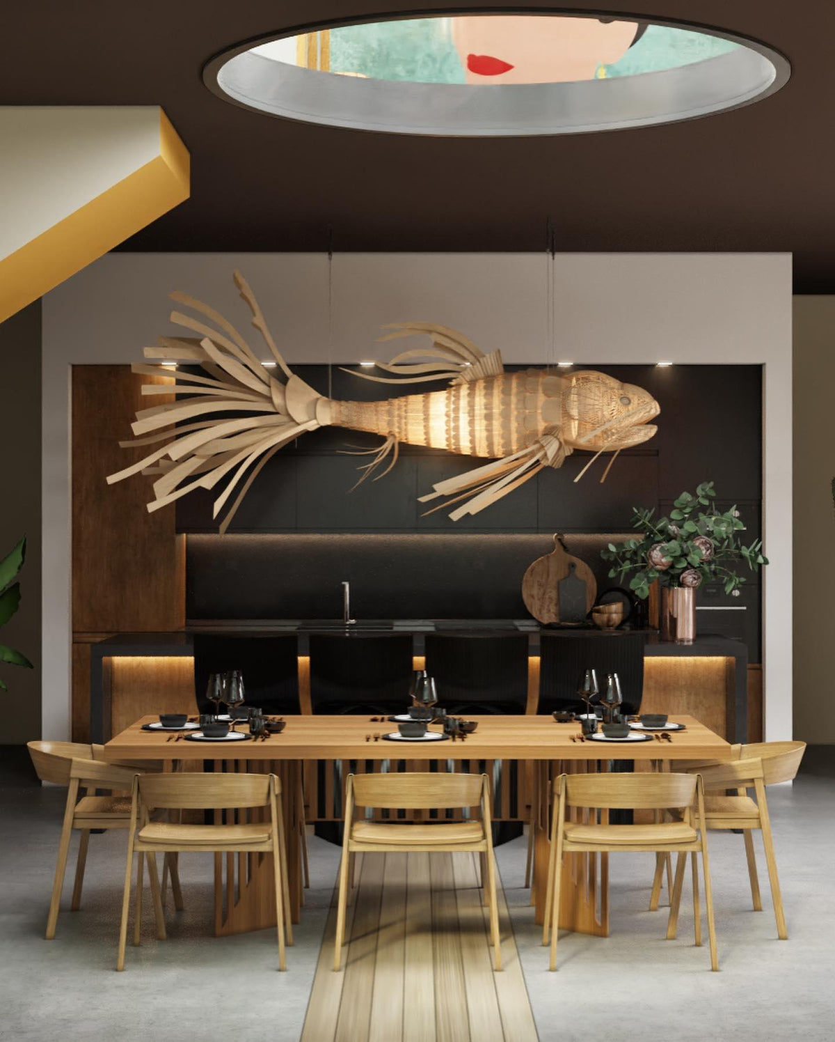KOI Kronleuchter aus Holz in Form eines Fischs, handgefertigt