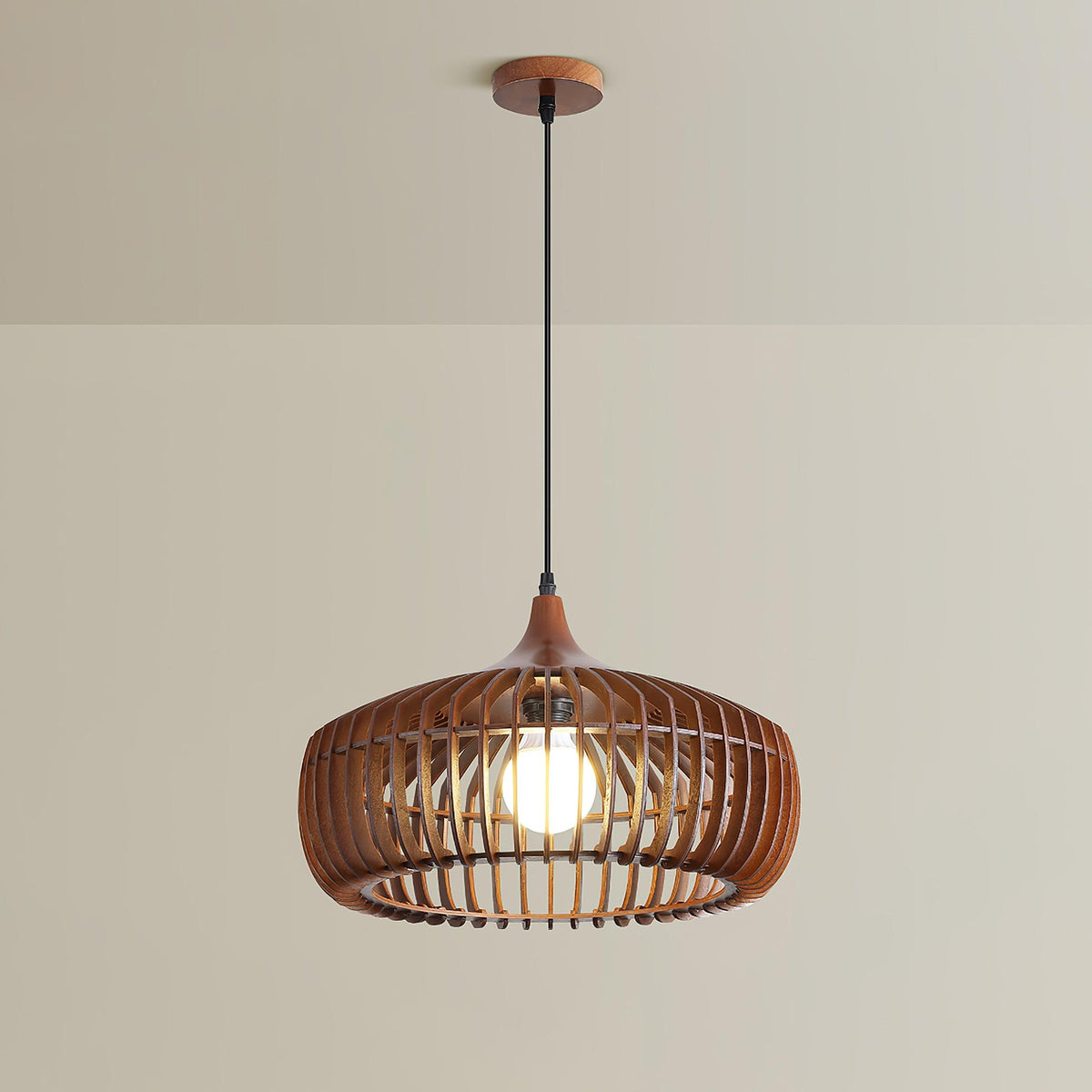 Lixu Pendelleuchte aus Holz im Retro-Stil