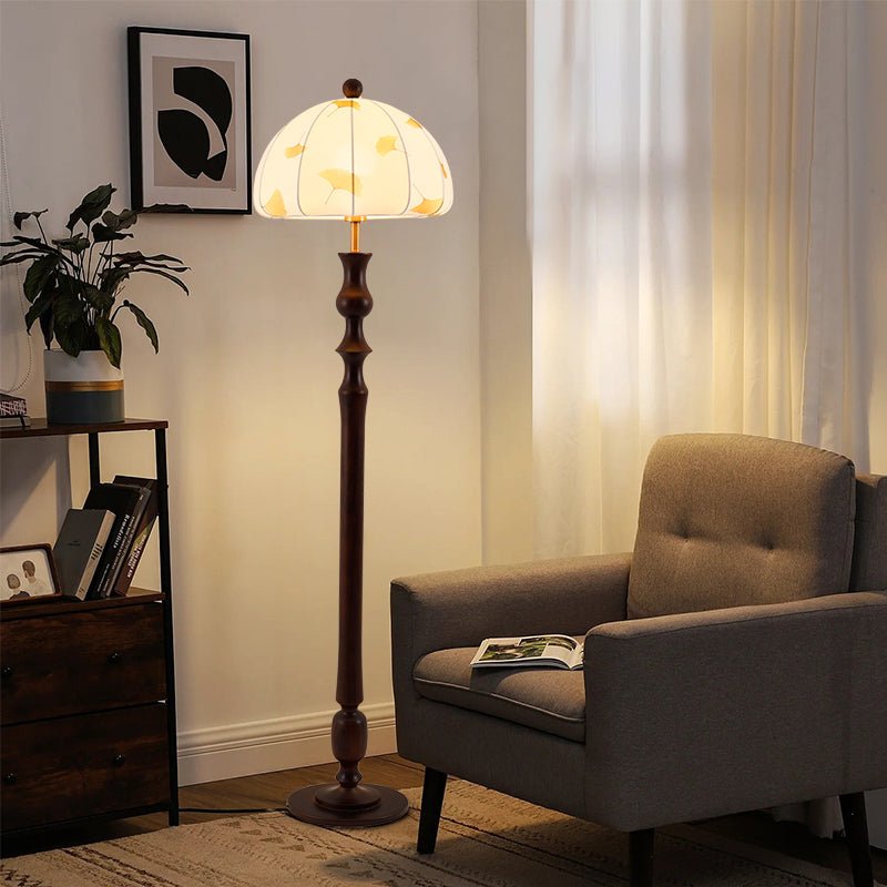 Ginkgore Stehleuchte aus Holz und Stoff im Vintage-Stil