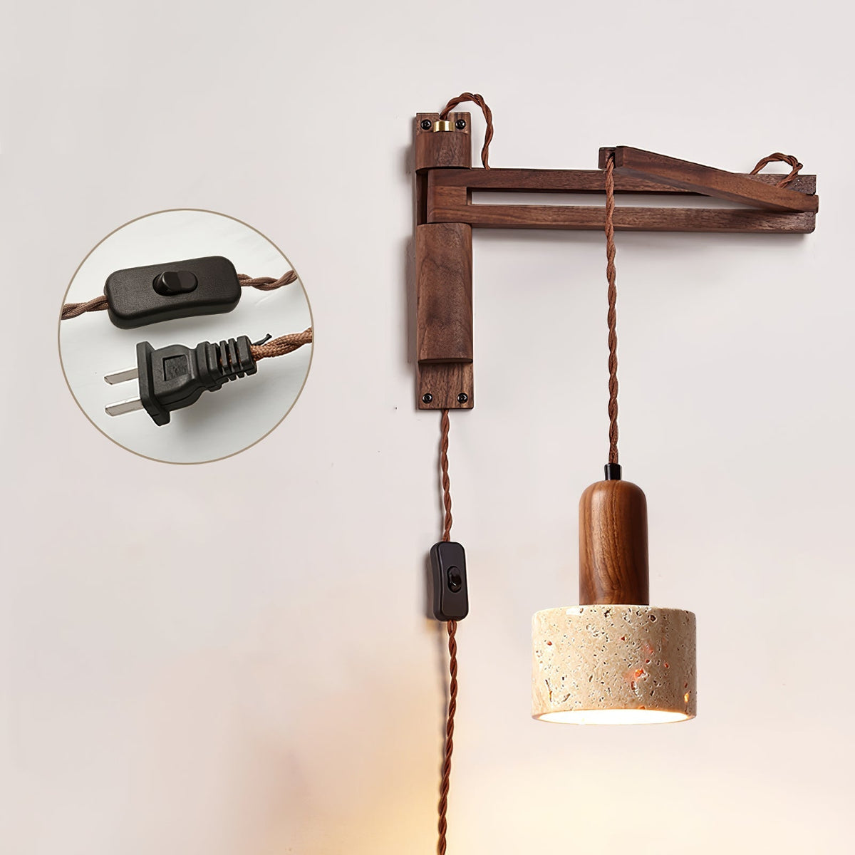 Noreenne Travertin-Schwenkarm-Wandleuchte mit Stecker