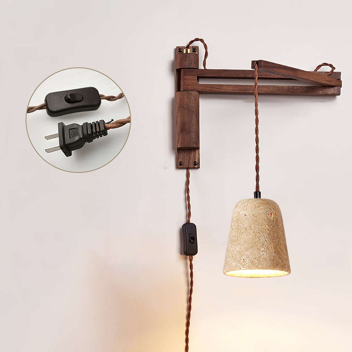 Noreenne Travertin-Schwenkarm-Wandleuchte mit Stecker