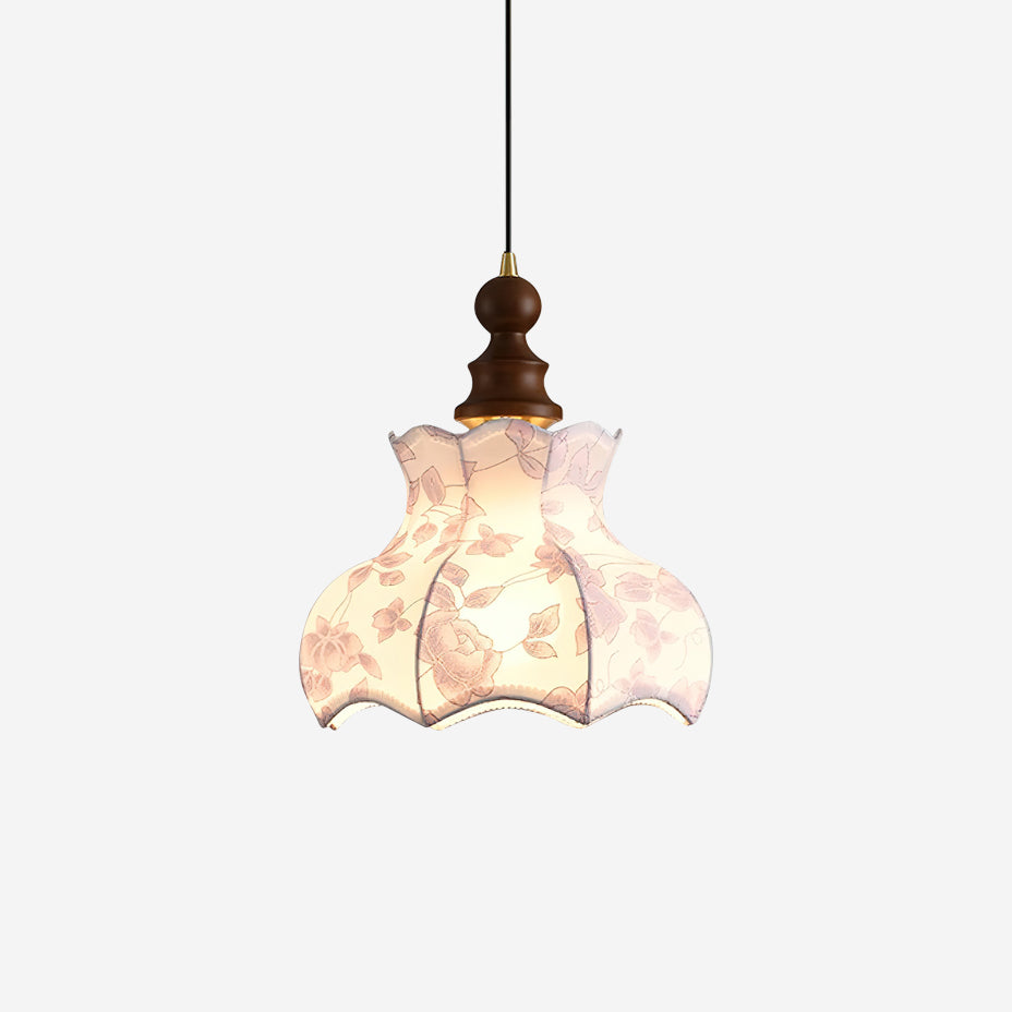 Vintage-Pendelleuchte aus Metall und Holz mit Stoffblume, elegant