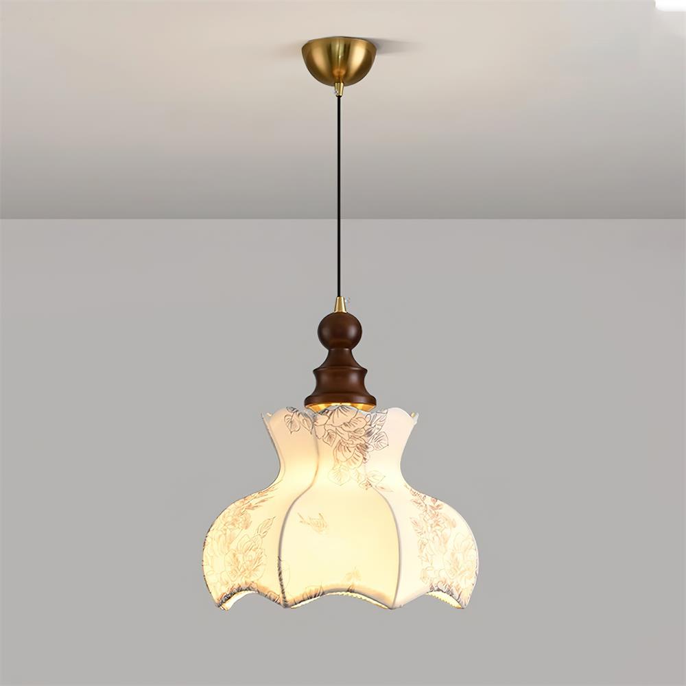 Vintage-Pendelleuchte aus Metall und Holz mit Stoffblume, elegant