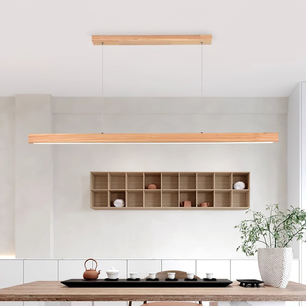 Rinalina lineare minimalistische Pendelleuchte aus Holz in Holz