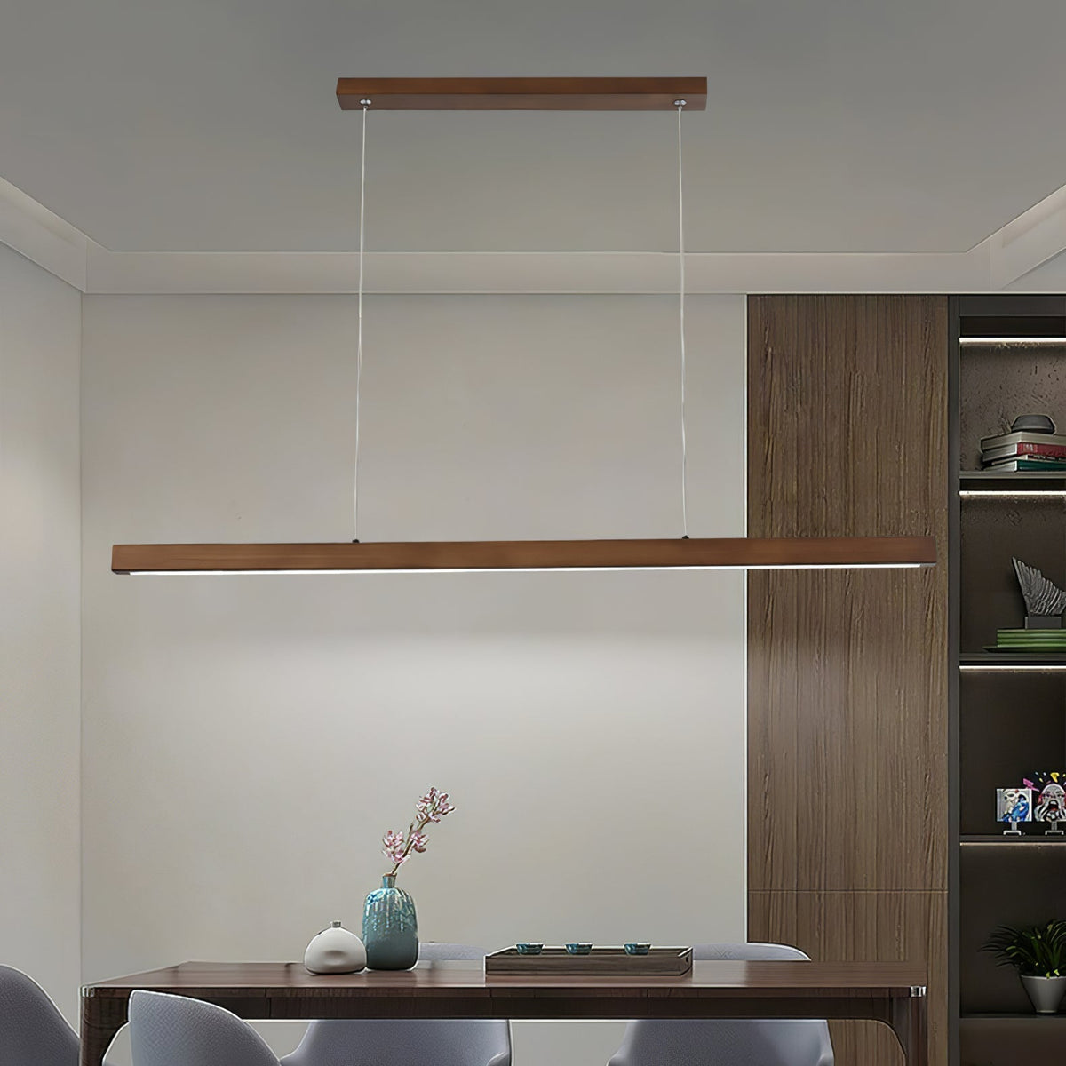 Rinalina lineare minimalistische Pendelleuchte aus Holz in Holz