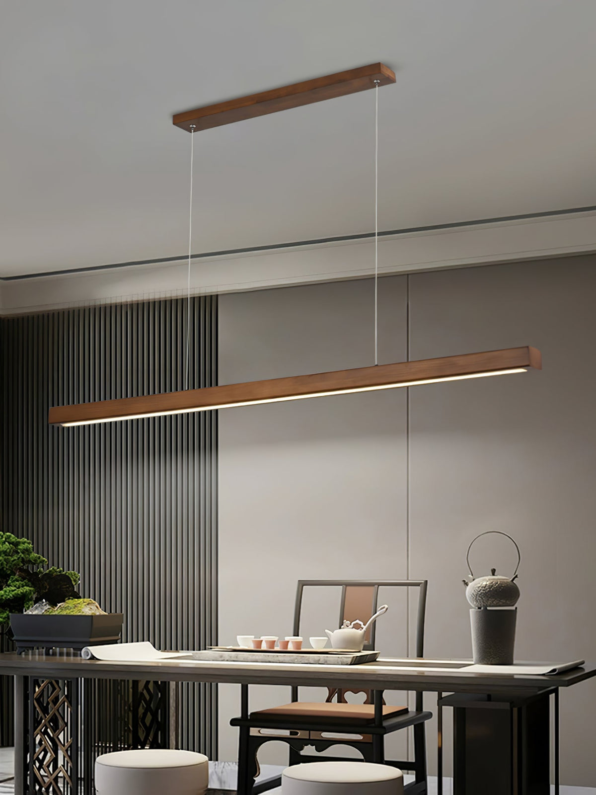 Rinalina lineare minimalistische Pendelleuchte aus Holz in Holz