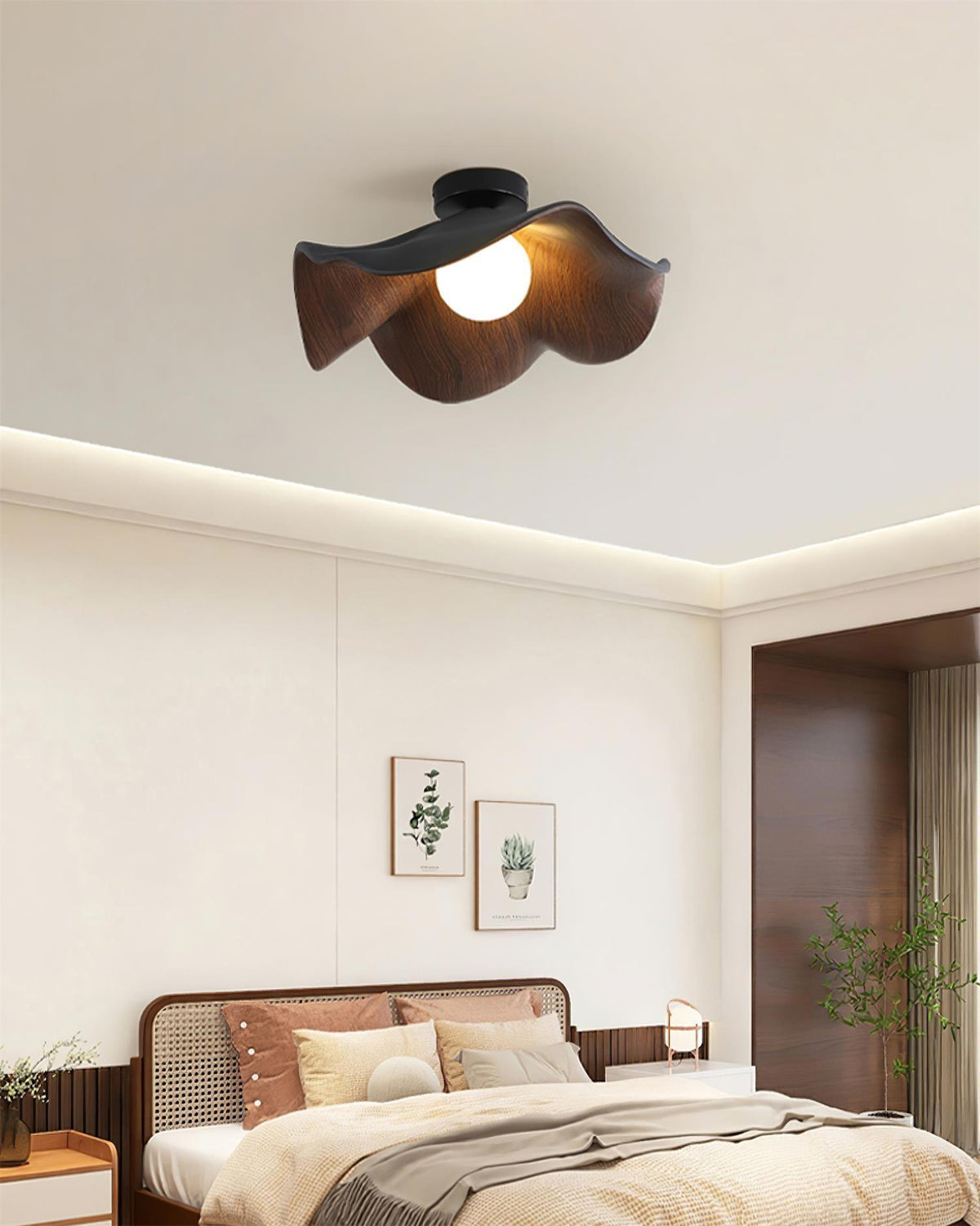 Belenor Deckenleuchte Lotus Leaf mit Holz- und Weiß-Oberfläche