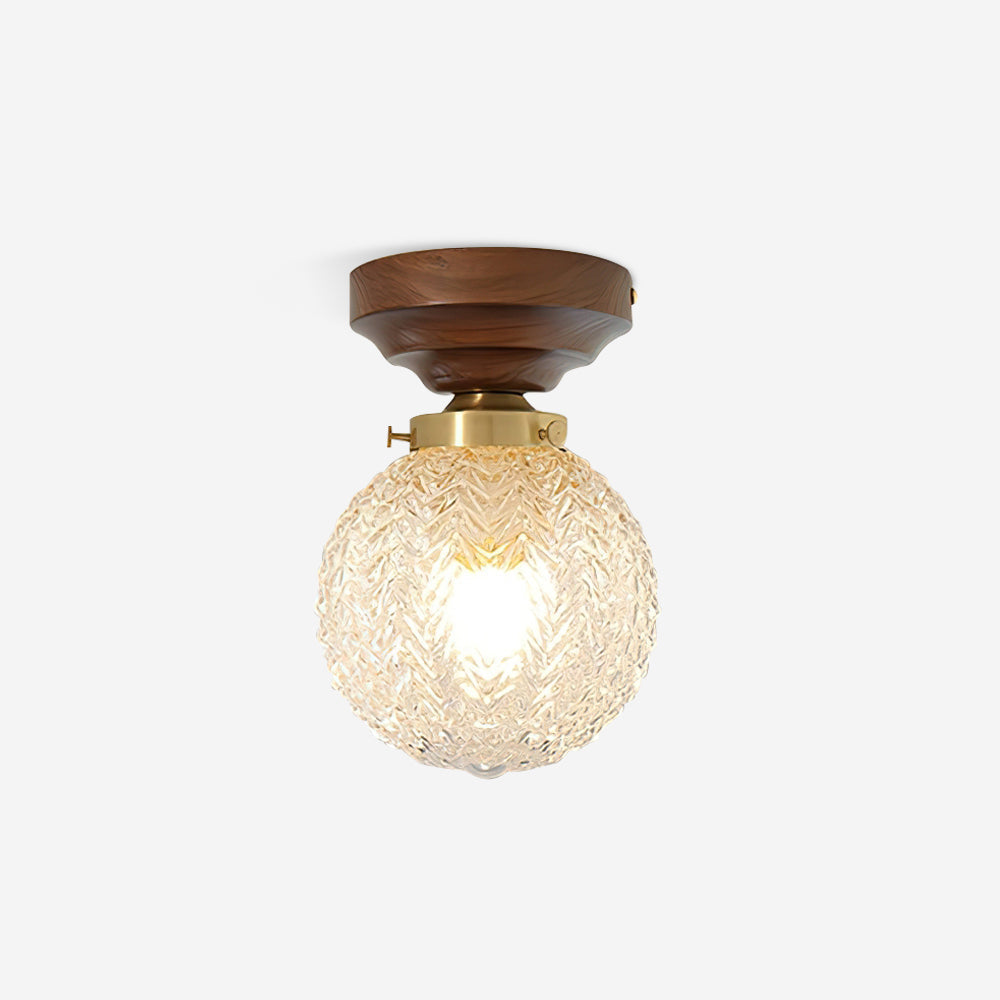 Deckenleuchte Kugelschirm Transparentes Glas Walnuss Holz Baldachin Messing