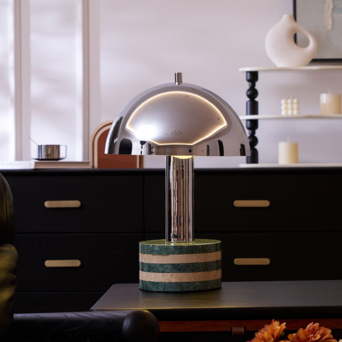 Strata Minimalistische Marmor-Tischleuchte in Grau & Beige