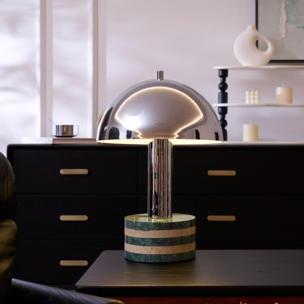 Strata Minimalistische Marmor-Tischleuchte in Grau & Beige