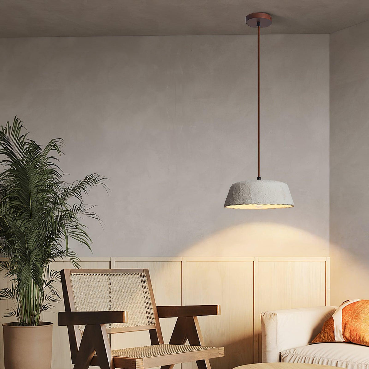 Stone zeitgenössische Pendelleuchte aus Holz in Grau-Keramik und dunklem Holz