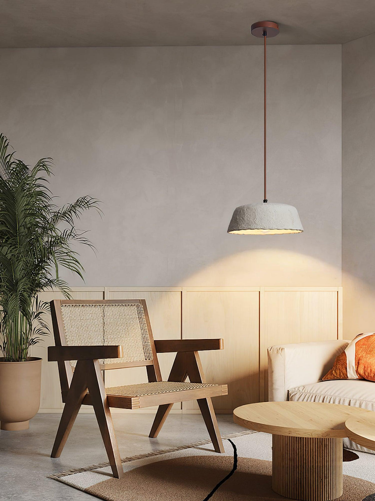 Stone zeitgenössische Pendelleuchte aus Holz in Grau-Keramik und dunklem Holz