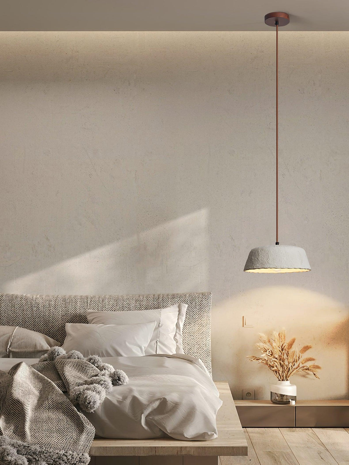 Stone zeitgenössische Pendelleuchte aus Holz in Grau-Keramik und dunklem Holz