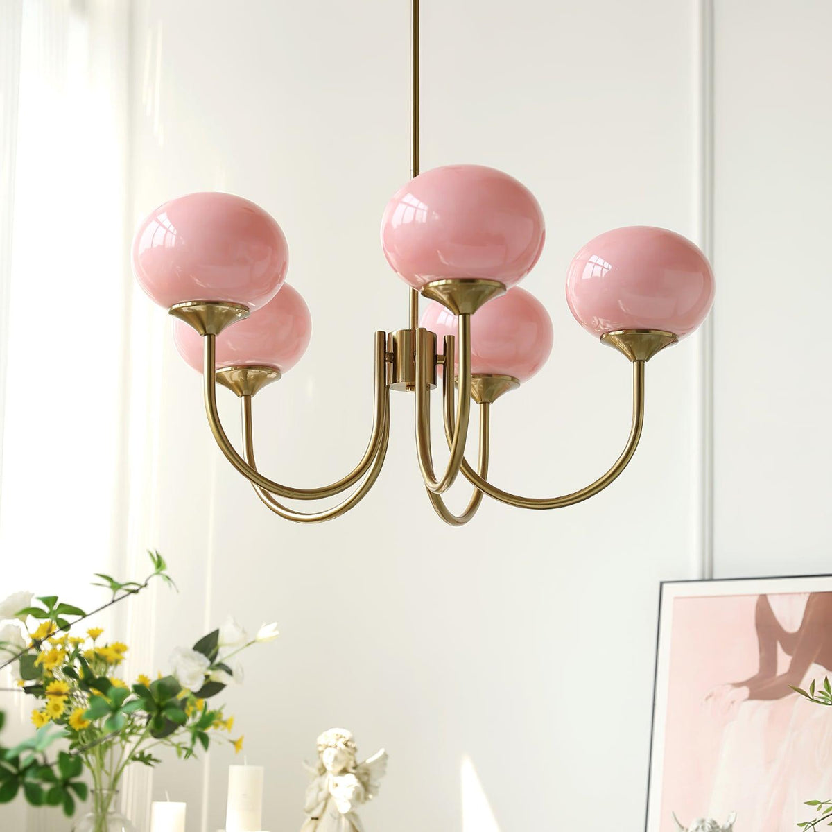 Velenian Kronleuchter rosa Glas Kugel Gold