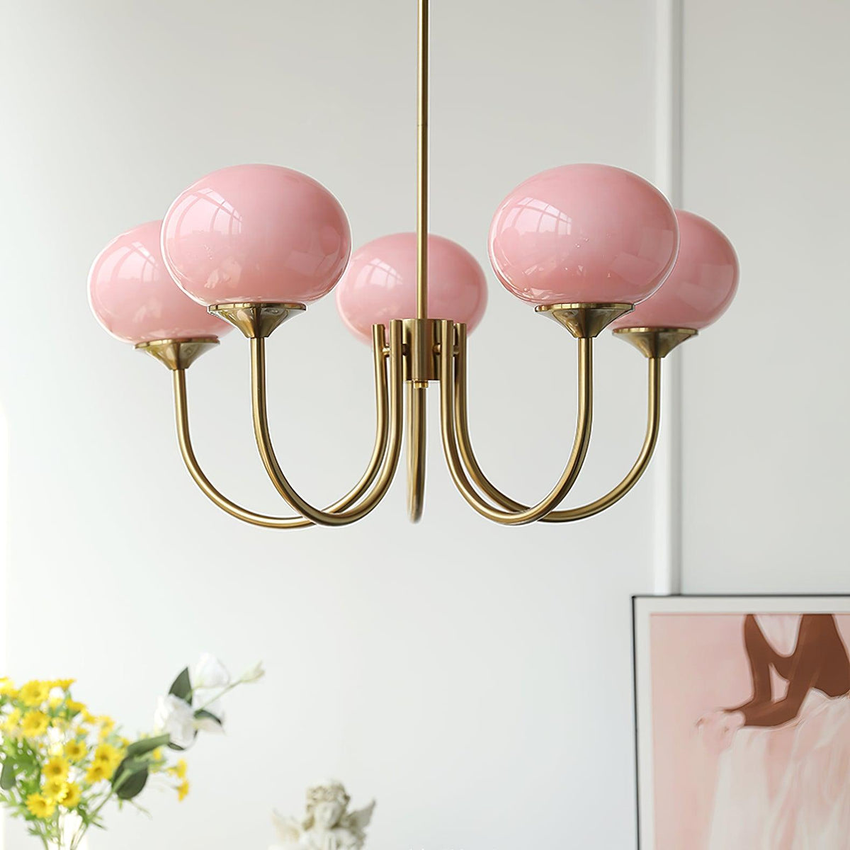 Velenian Kronleuchter rosa Glas Kugel Gold