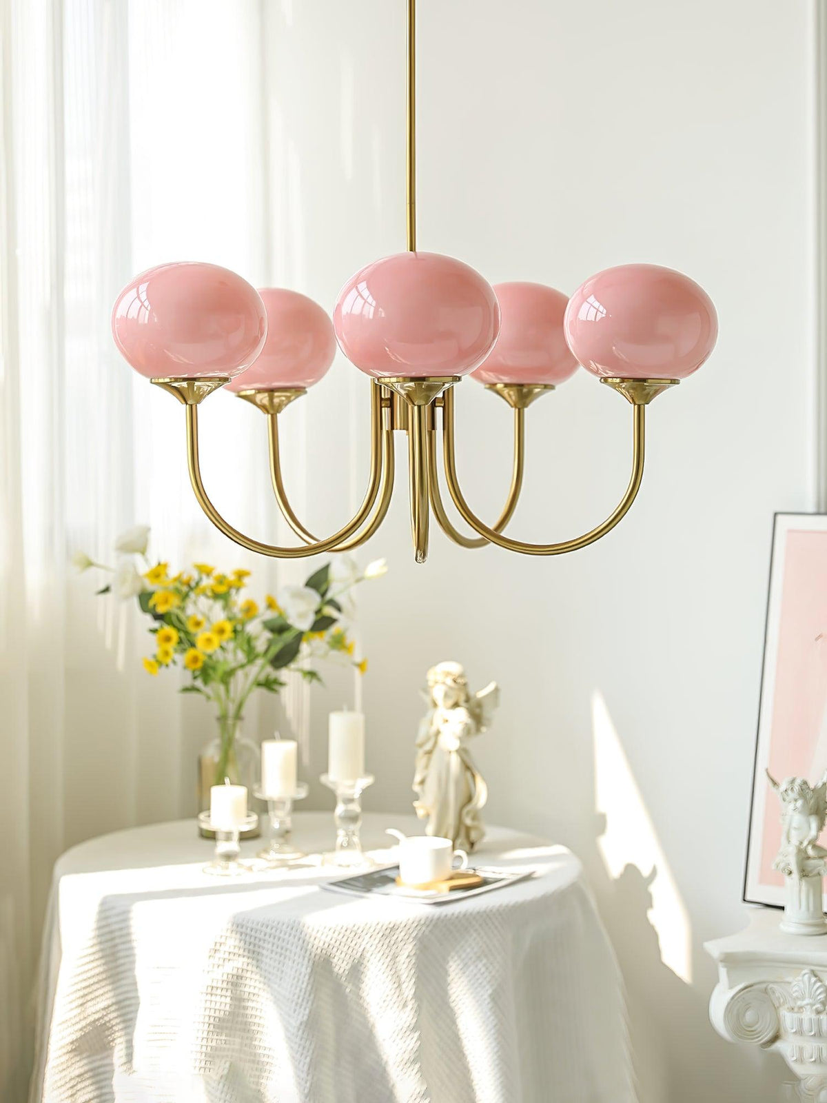 Velenian Kronleuchter rosa Glas Kugel Gold