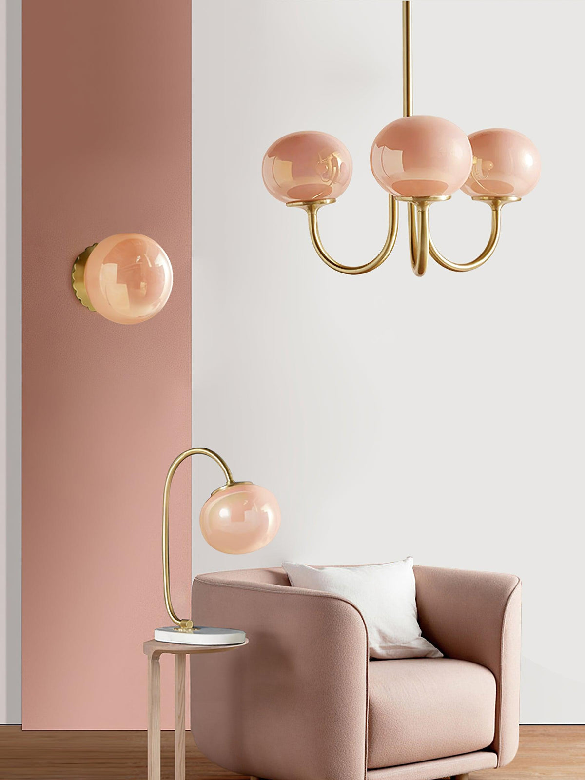 Velenian Kronleuchter rosa Glas Kugel Gold
