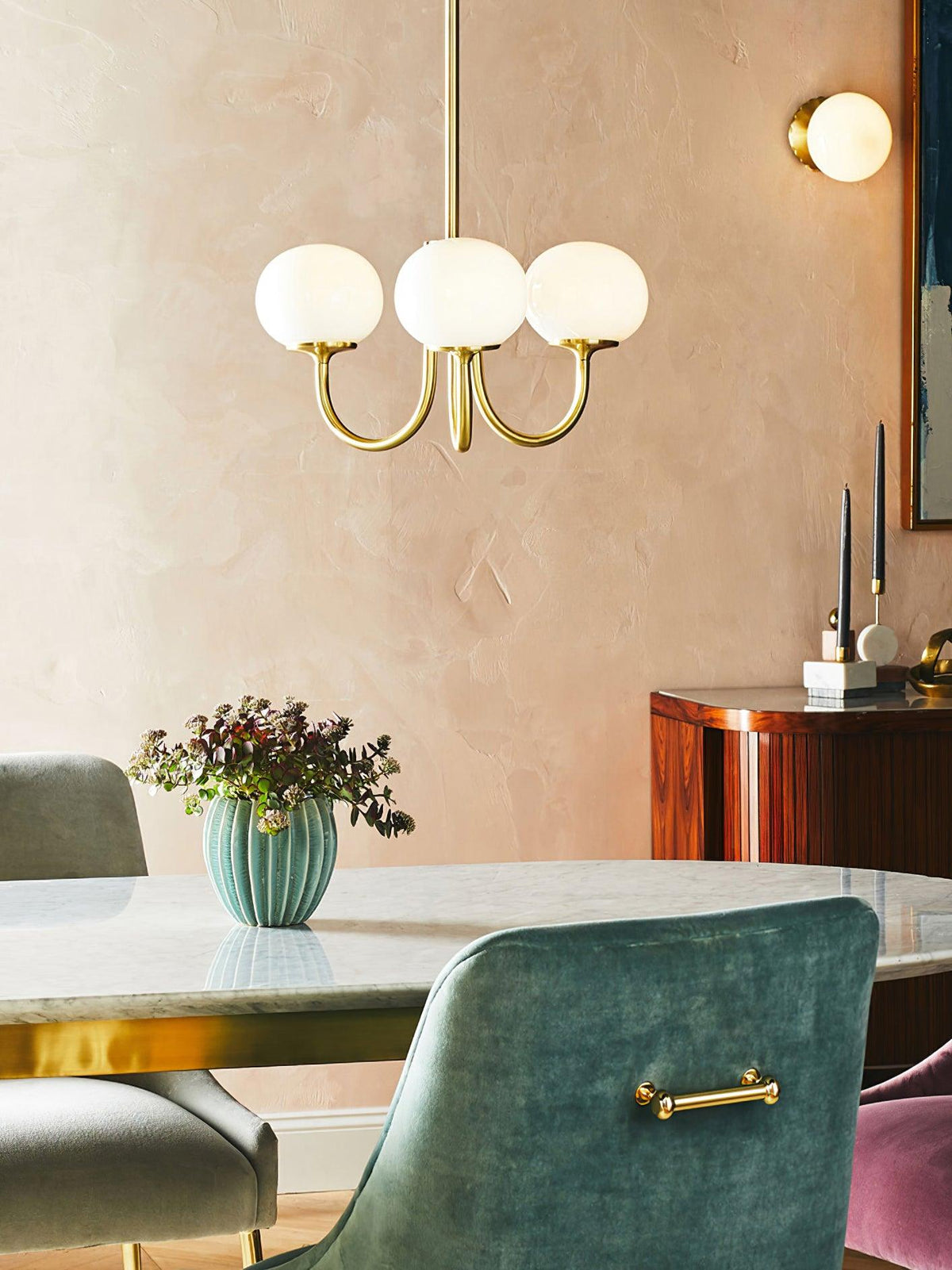 Velenian Kronleuchter rosa Glas Kugel Gold