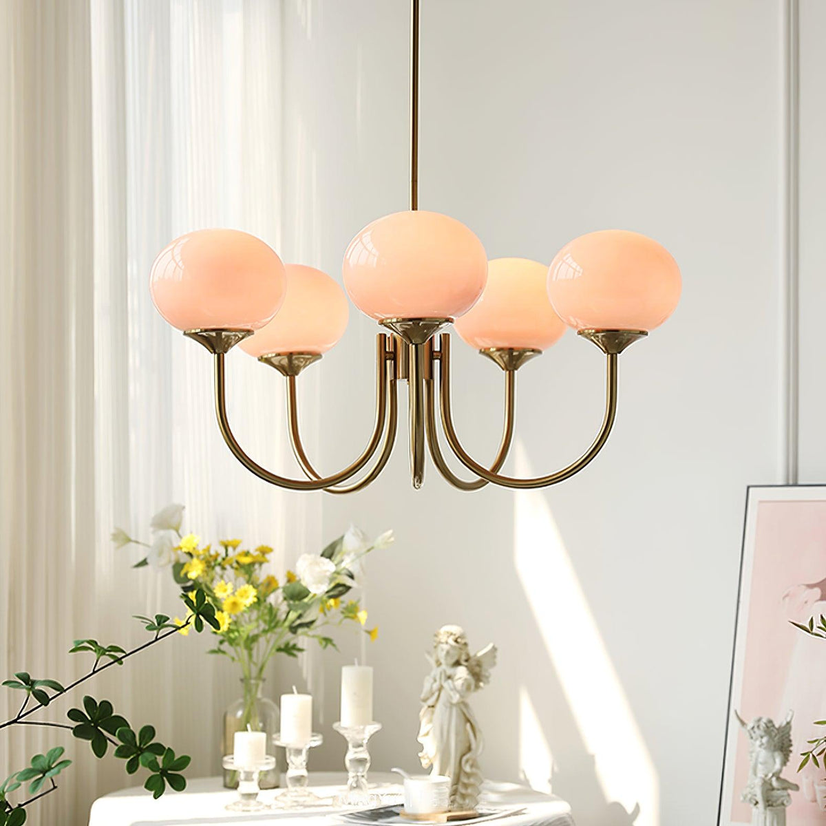 Velenian Kronleuchter rosa Glas Kugel Gold