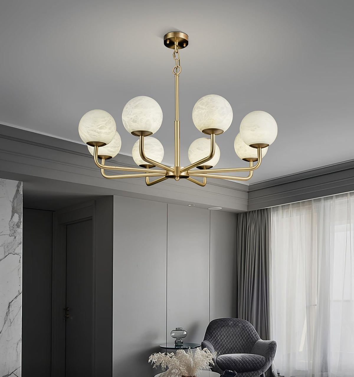 Erich Kronleuchter Alabaster Kugel Eleganz