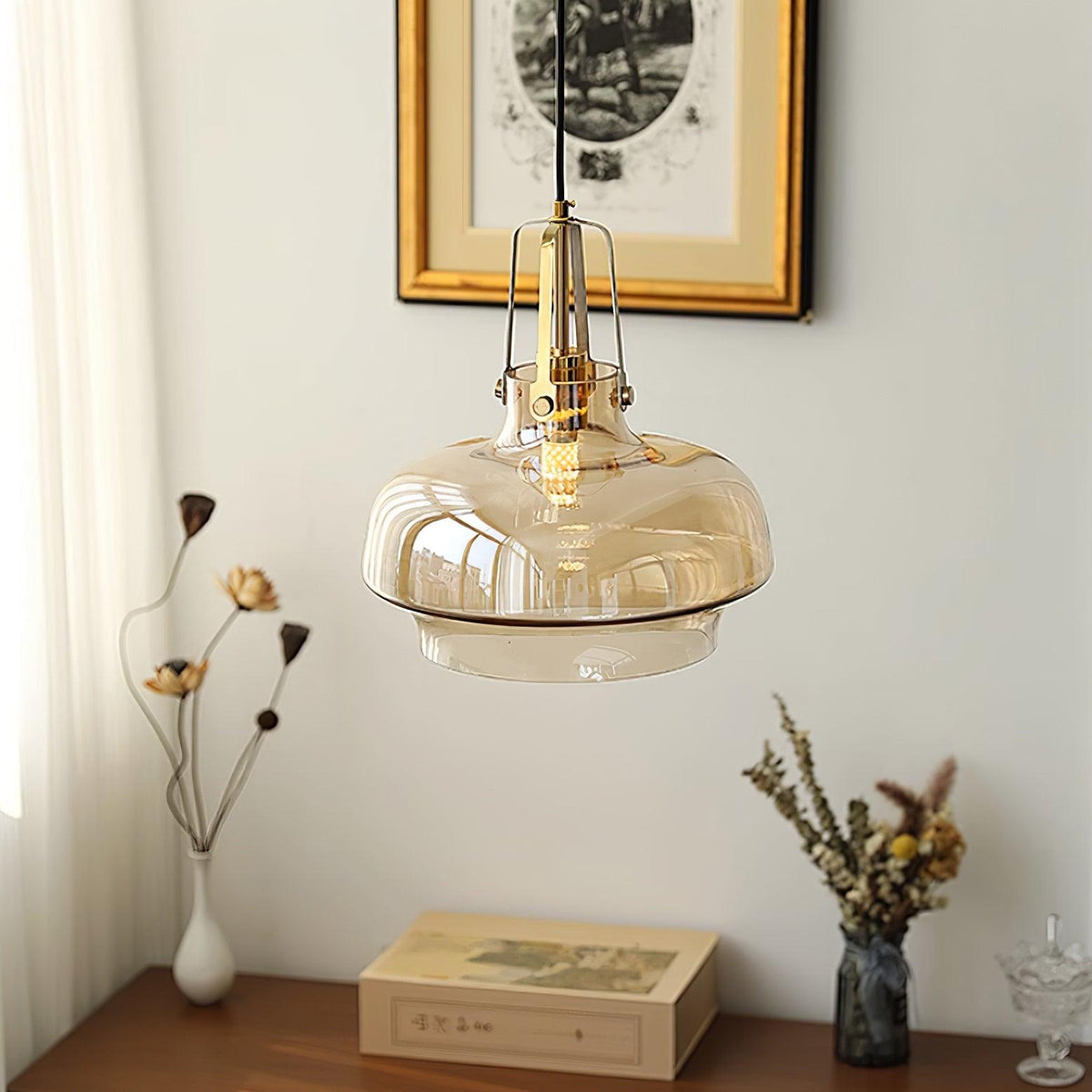 Liorarise Bernsteinfarben Pendelleuchte aus Glas mit Messing-Fittings