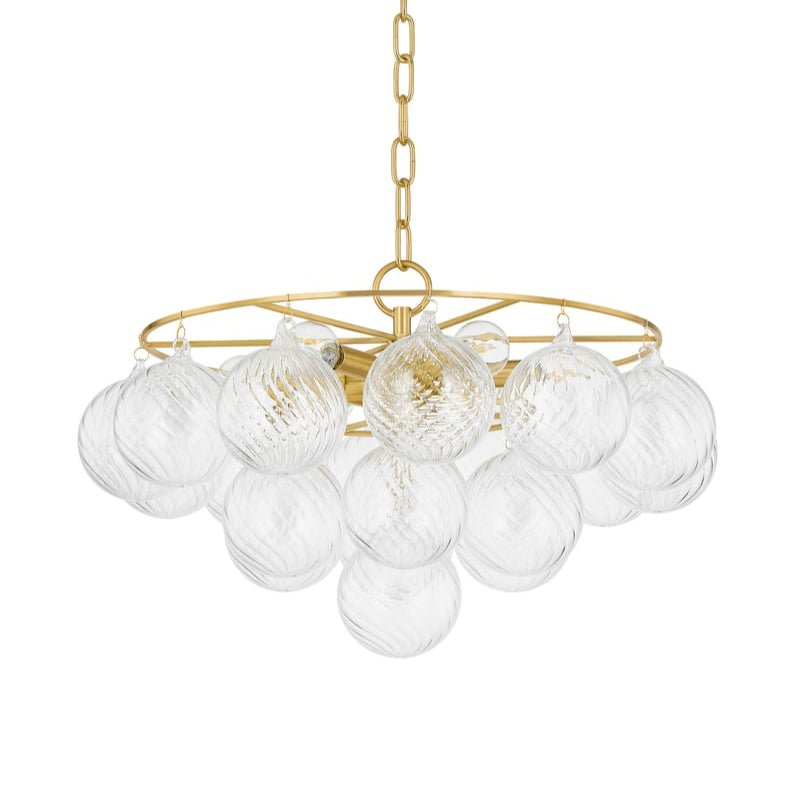 Velineon Kronleuchter aus transparentem Glas in Kugelform, gealtertes Messing, elegant