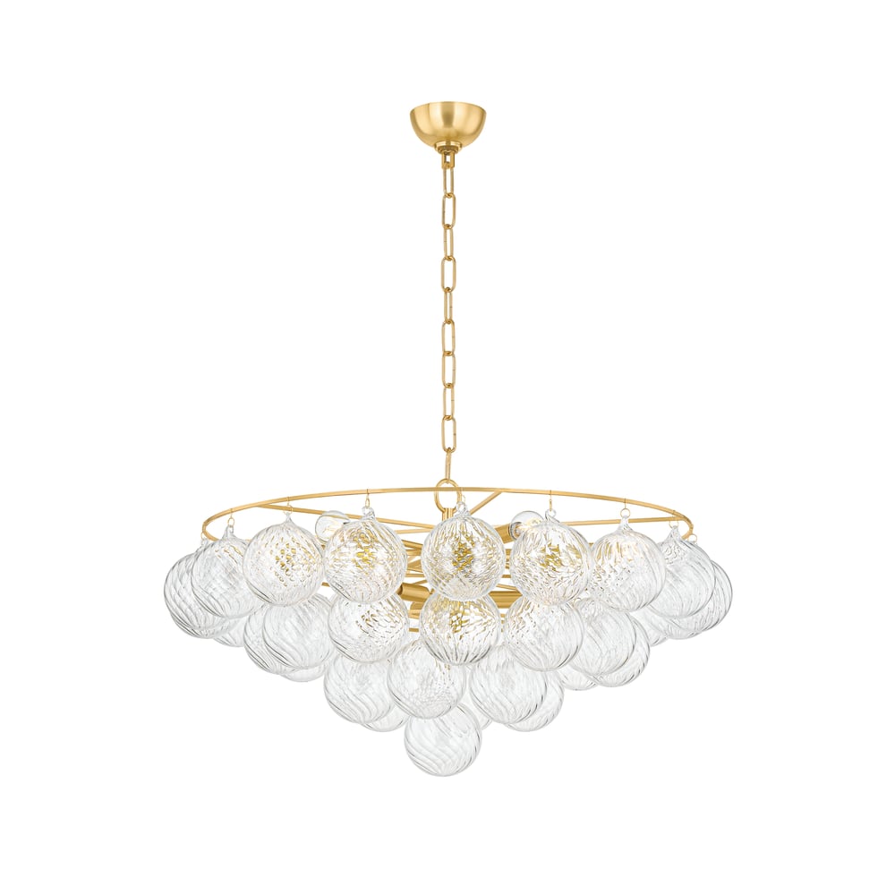 Velineon Kronleuchter aus transparentem Glas in Kugelform, gealtertes Messing, elegant