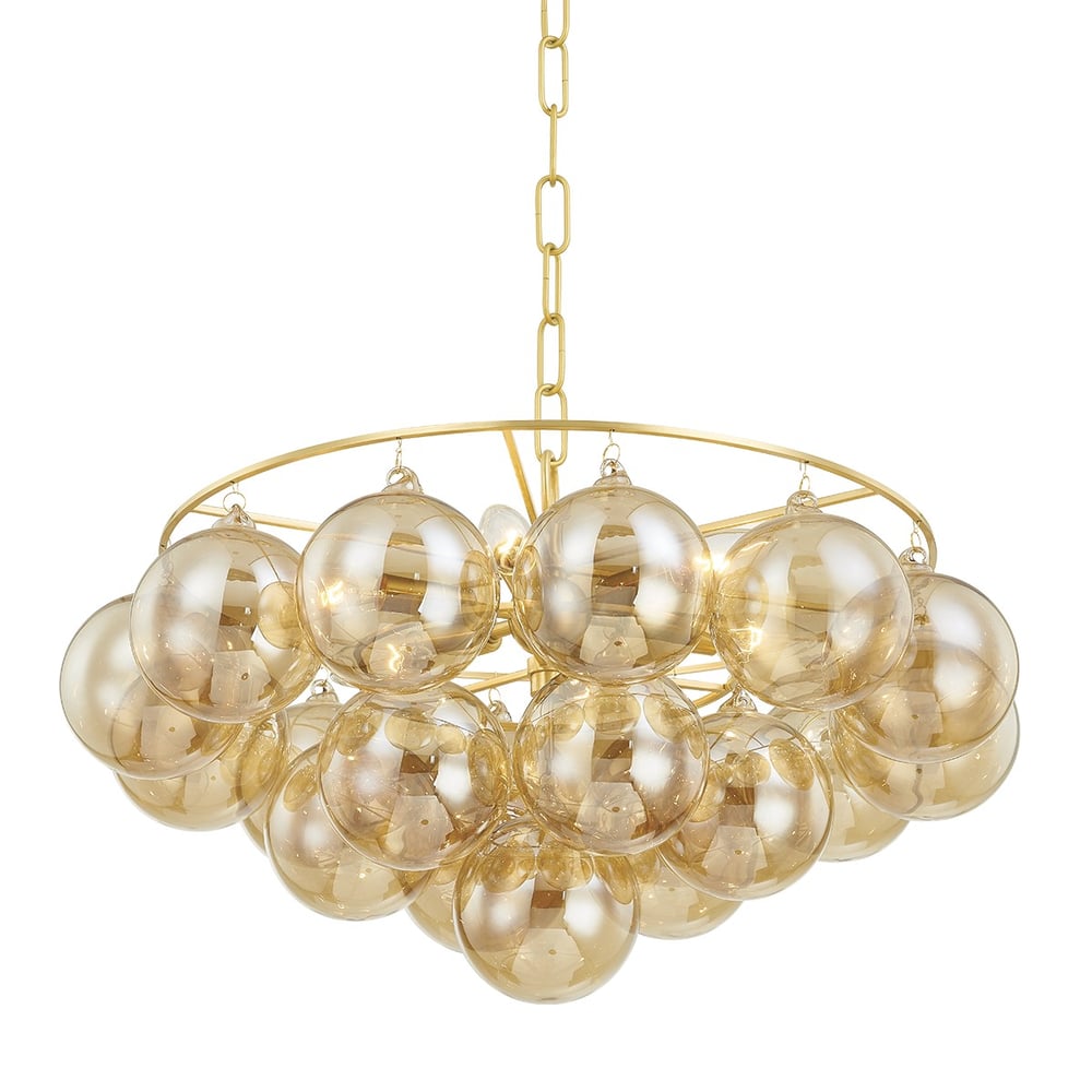 Velineon Kronleuchter aus transparentem Glas in Kugelform, gealtertes Messing, elegant