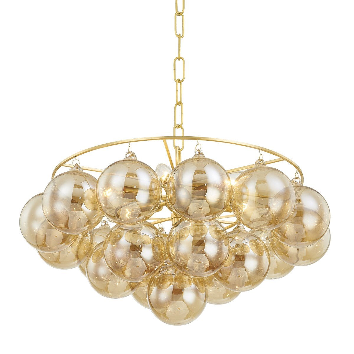 Velineon Kronleuchter aus transparentem Glas in Kugelform, gealtertes Messing, elegant