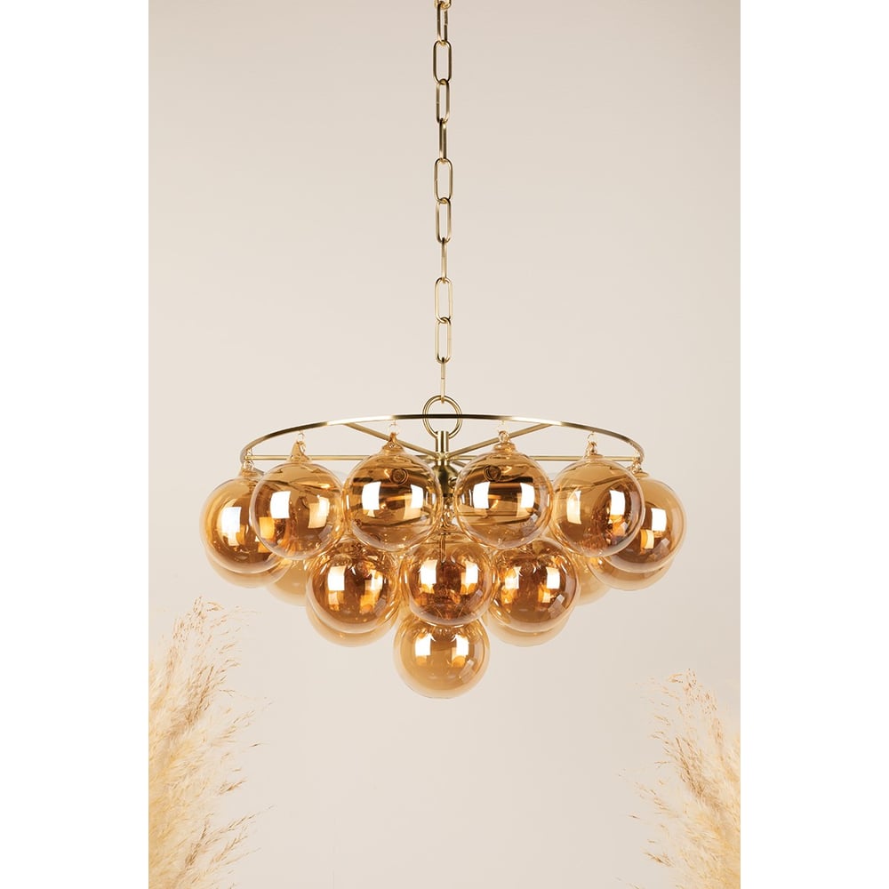 Velineon Kronleuchter aus transparentem Glas in Kugelform, gealtertes Messing, elegant